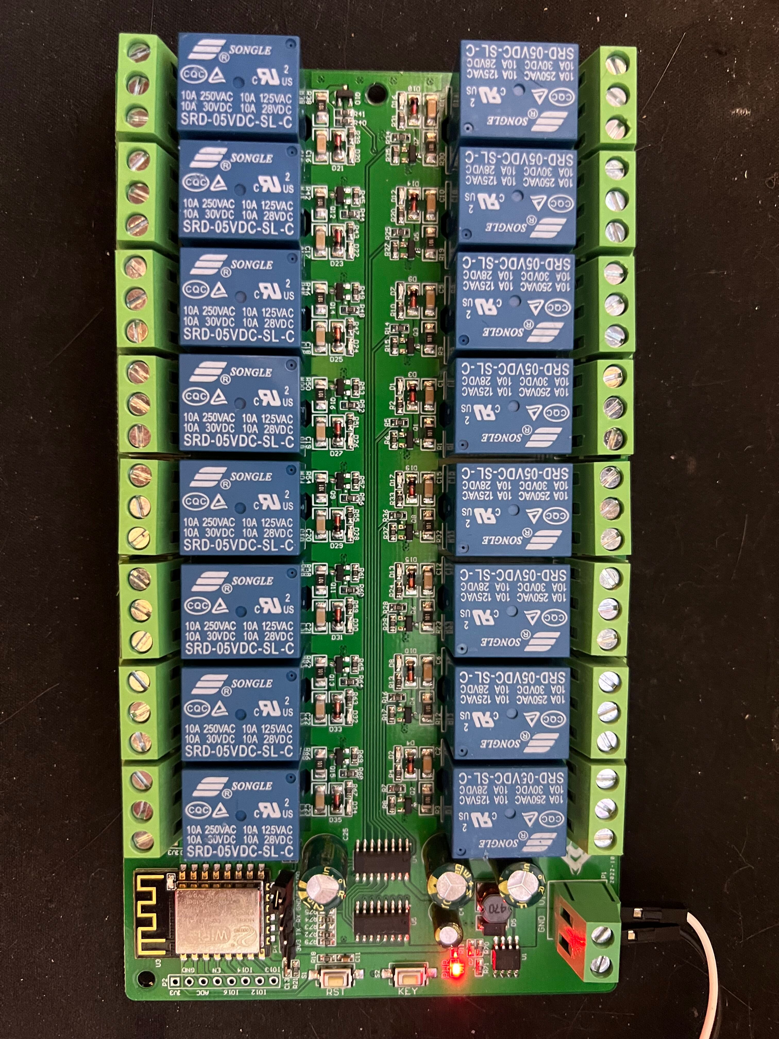 Photo of a powered on ESP8266 16-way Relay Board