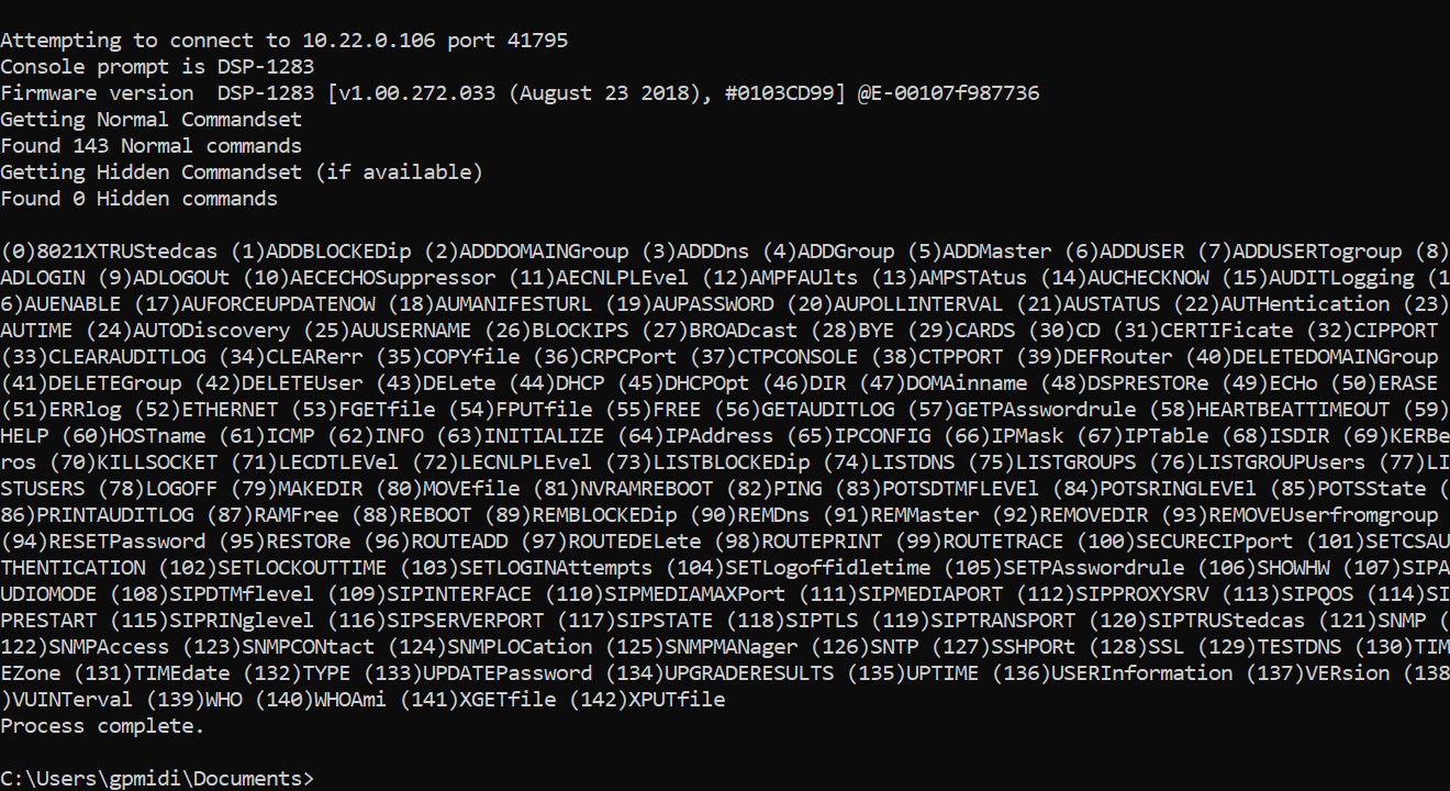 Running `BuildCrestronCommandReference -ip 10.61.101.24`