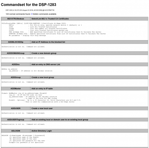 Partial view of the Crestron DSP-1283 Command Docs - Auto generated